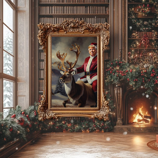 Santa Trump Christmas Wall Art | Hilarious Holiday Decor, Unique Gift for Trump Fans | Festive Santa Riding Reindeer Portrait