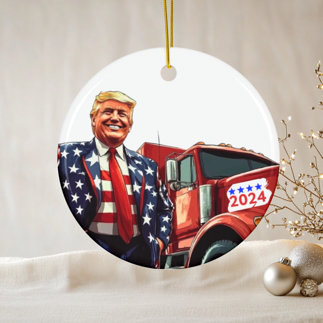 Donald Trump 2024 Patriotic Truck Christmas Ornament, President Trump Keepsake with Truck